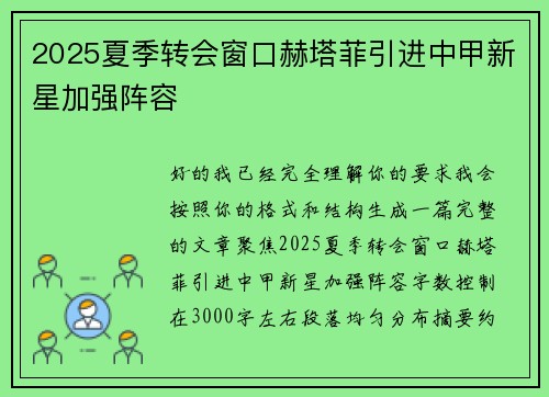 2025夏季转会窗口赫塔菲引进中甲新星加强阵容